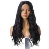 Long Black Wavy Wigs Middle Part Curly Wig Natural Looking T-Part Lace Synthetic Hair