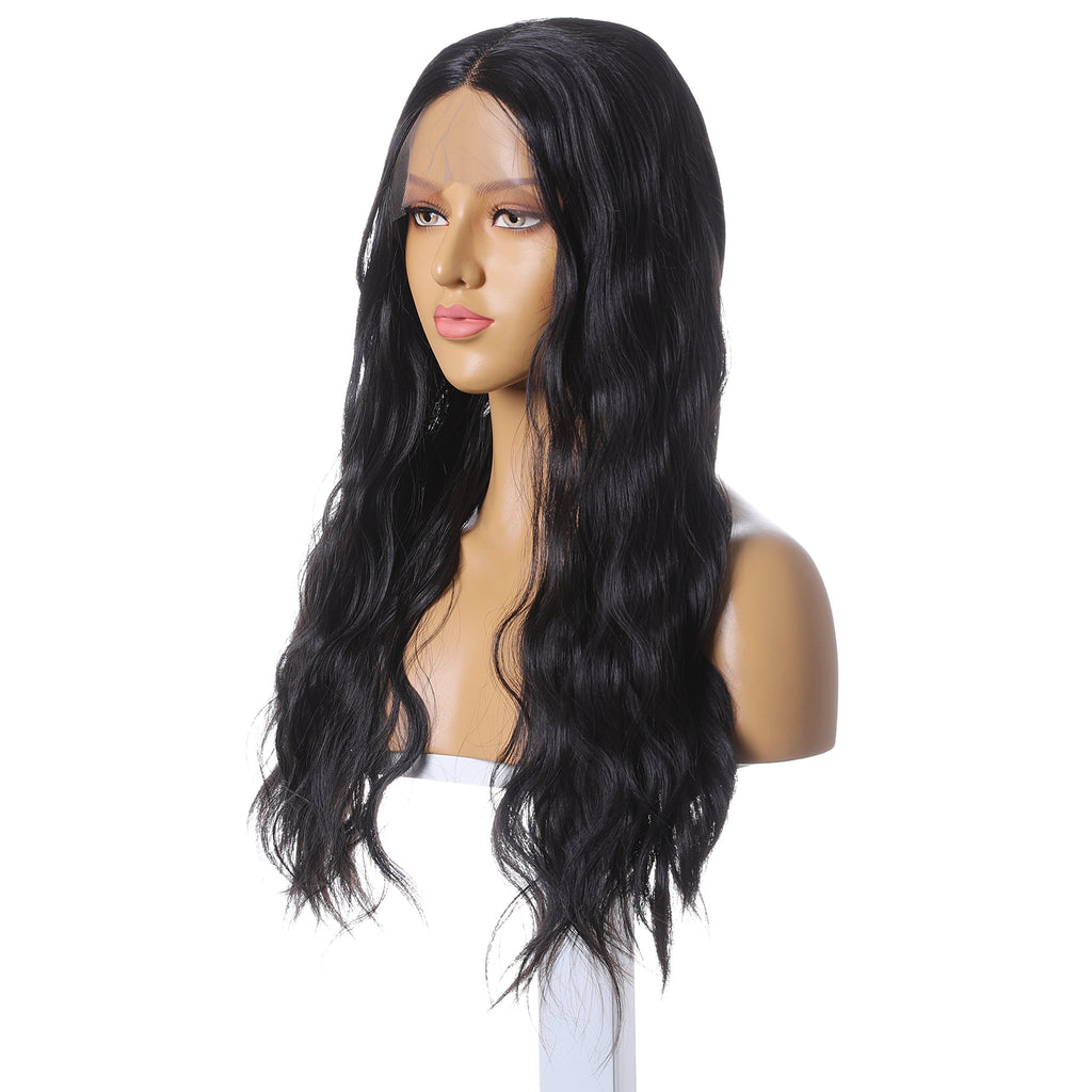 Long Black Wavy Wigs Middle Part Curly Wig Natural Looking T-Part Lace Synthetic Hair
