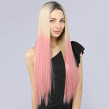 Fake Scalp  Synthetic Full Lace Wig Straight Hair Two Tone 2T613# Pink Color